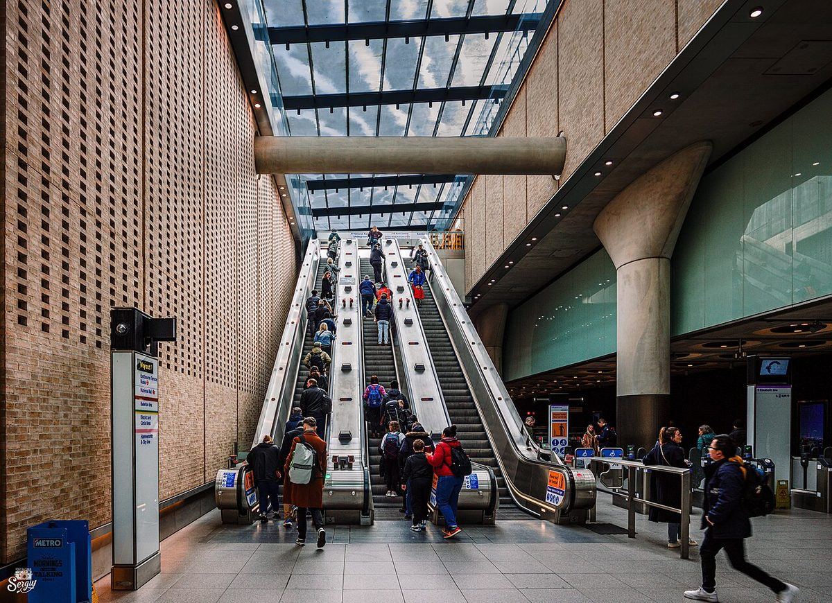 Escalators down to the Elizabeth line at Paddington