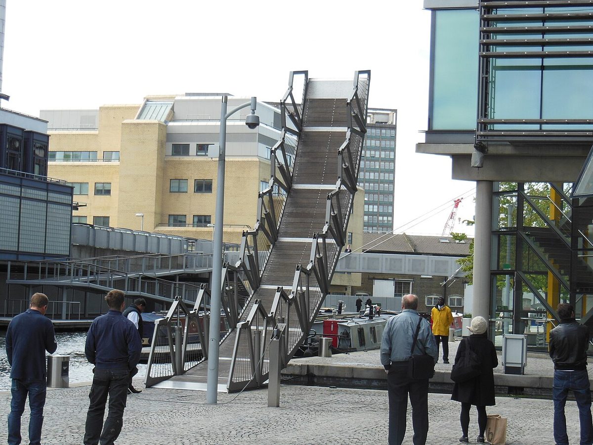 The Rolling Bridge, partly curled, at Paddington Basin